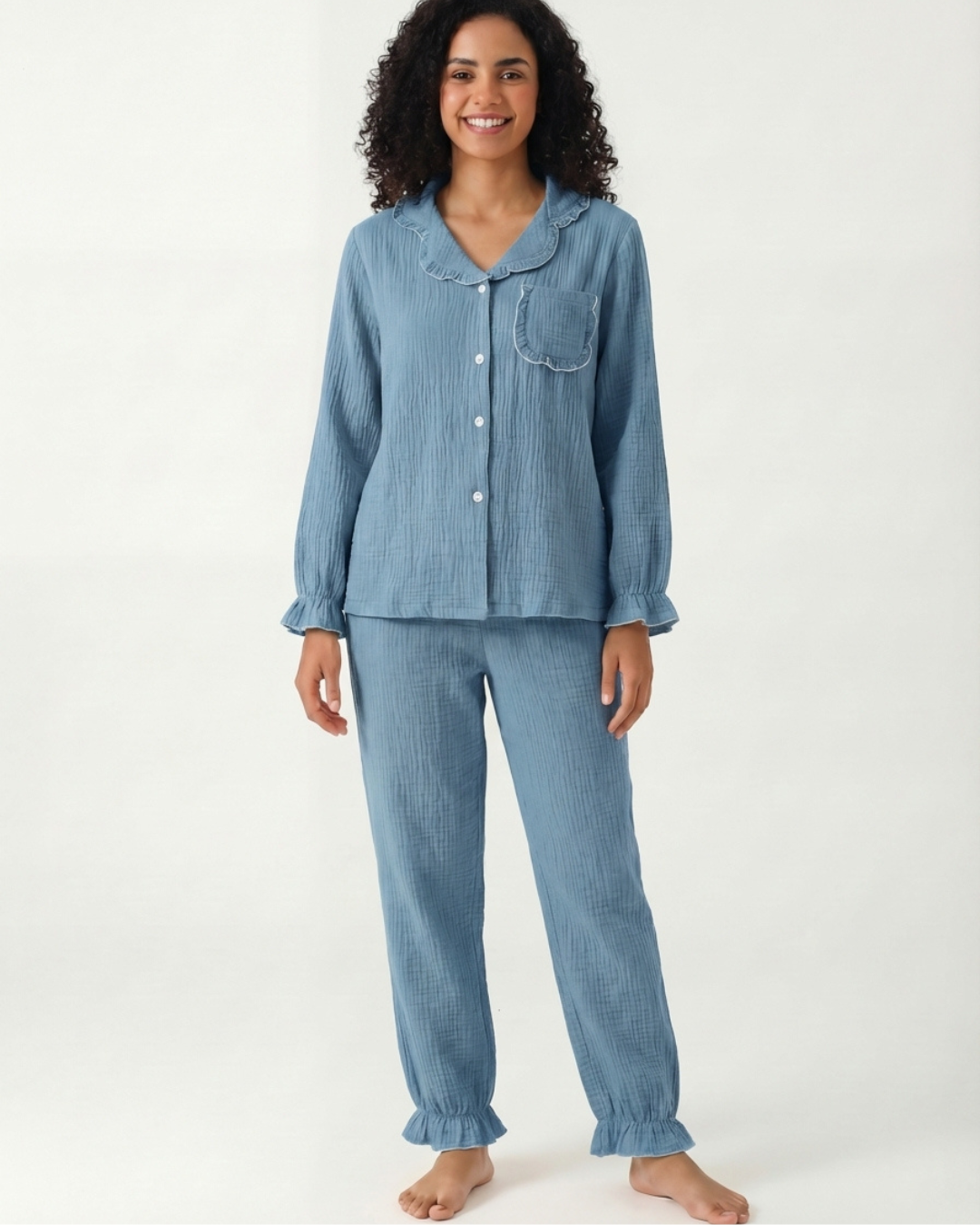 Damespyjamaset van gewassen katoen – Casual crêpe comfortabele huispakset