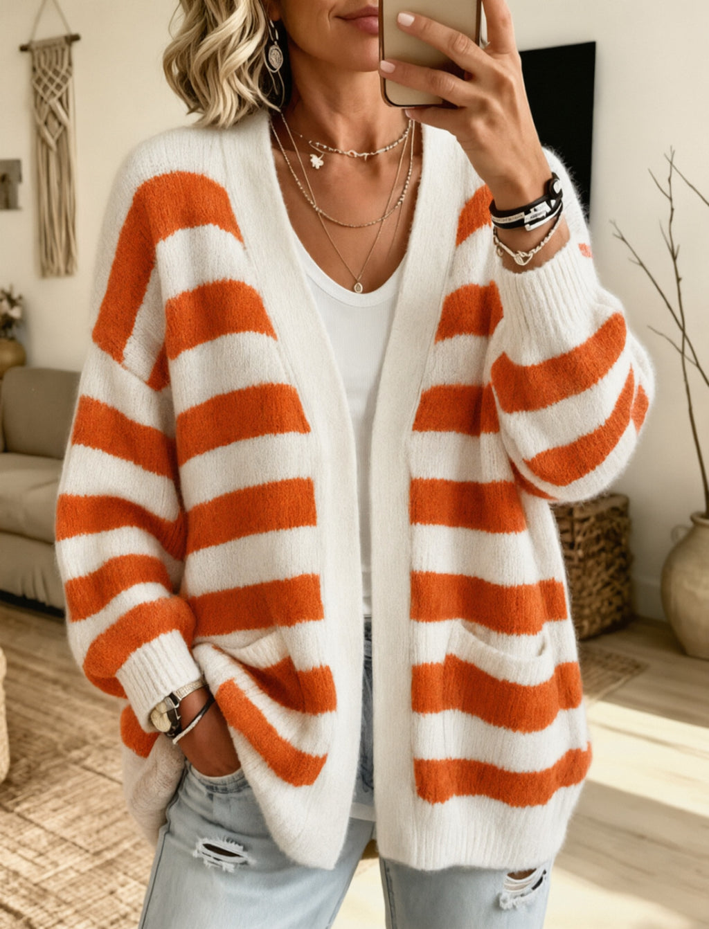 Women's Striped Cardigan Top with Pockets - Cozy Everyday Layer