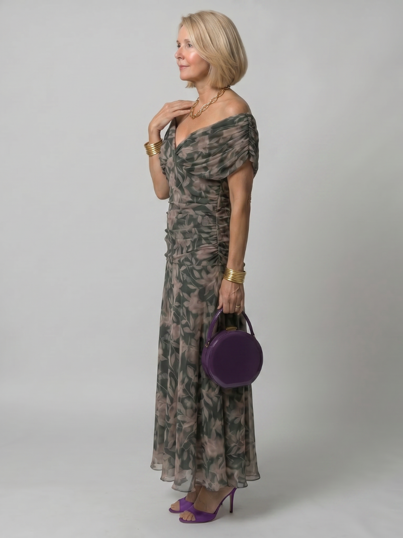 Women's Off Shoulder Flow Midi Dress - Soft Occasion Look