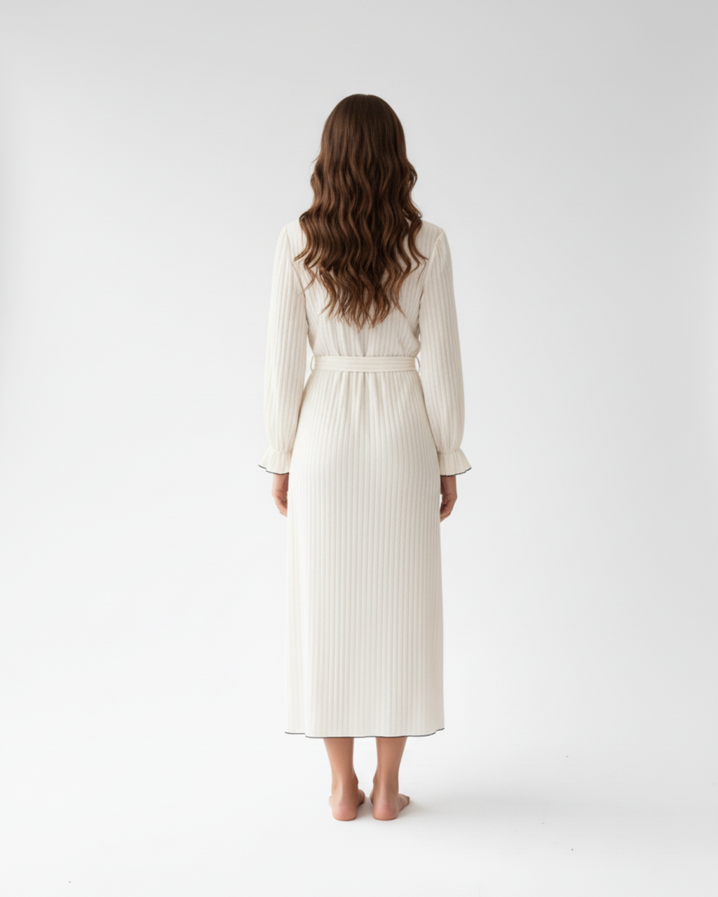 Women’s Cream Kimono Robe – Long Sleeve Wrap Robe with Ruffle Trim