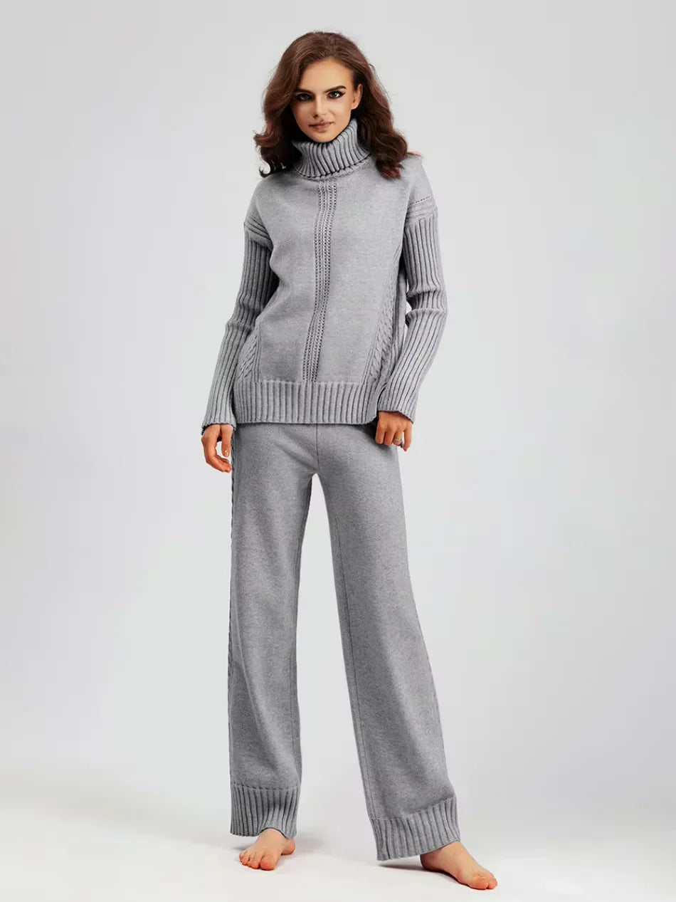 Women’s Turtleneck Sweater and Wide Leg Pants Set – Chic Comfortable Outfit