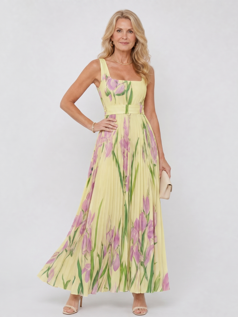 Women's Pleated Sleeveless Square Neck Midi Dress – Elegant Summer Daywear