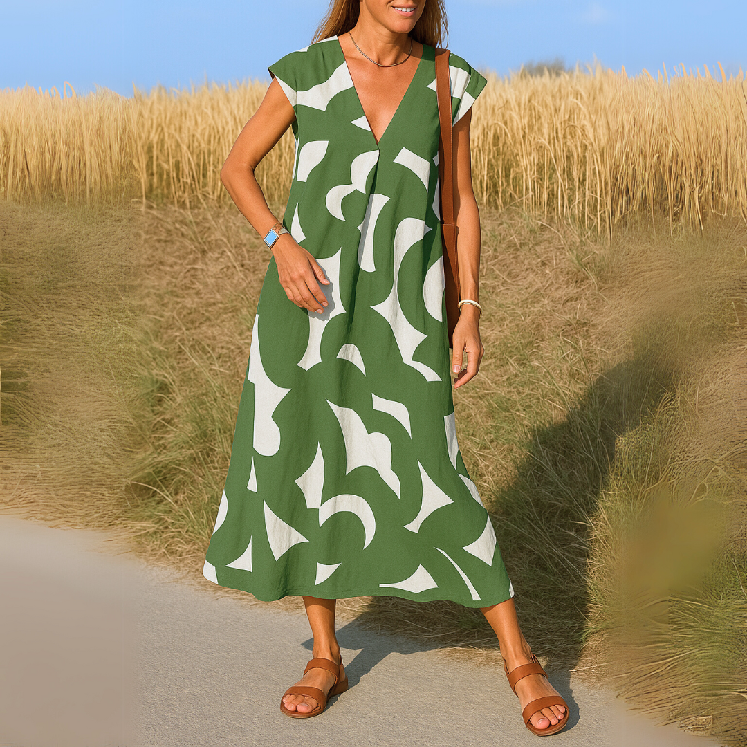 Women's Black & White Geometric Print V-Neck Cap-Sleeve Midi Dress