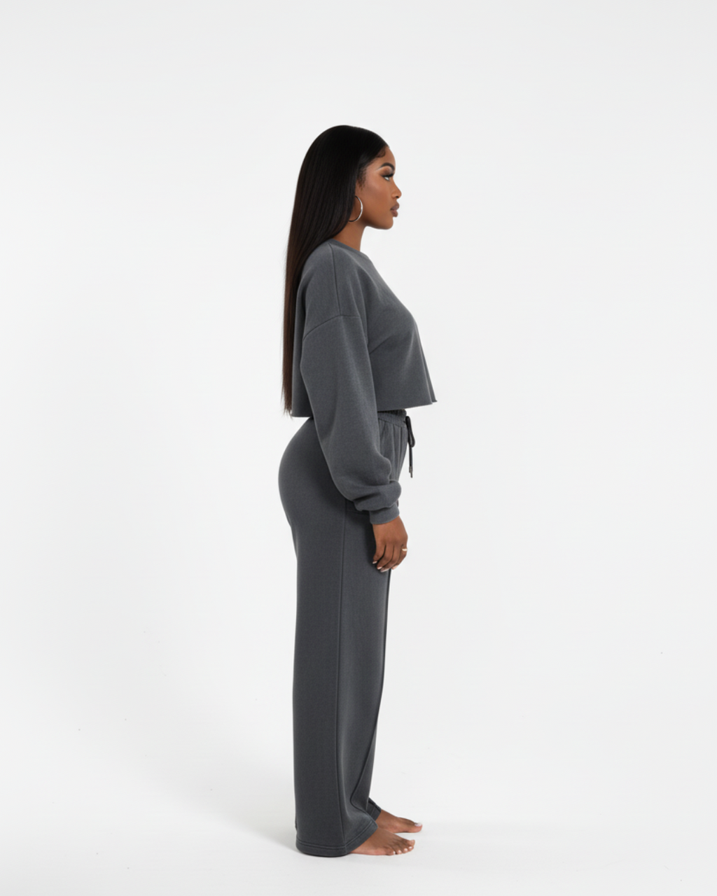 Women’s Dark Charcoal Tracksuit – Soft Two Piece Lounge Set with Cropped Sweatshirt