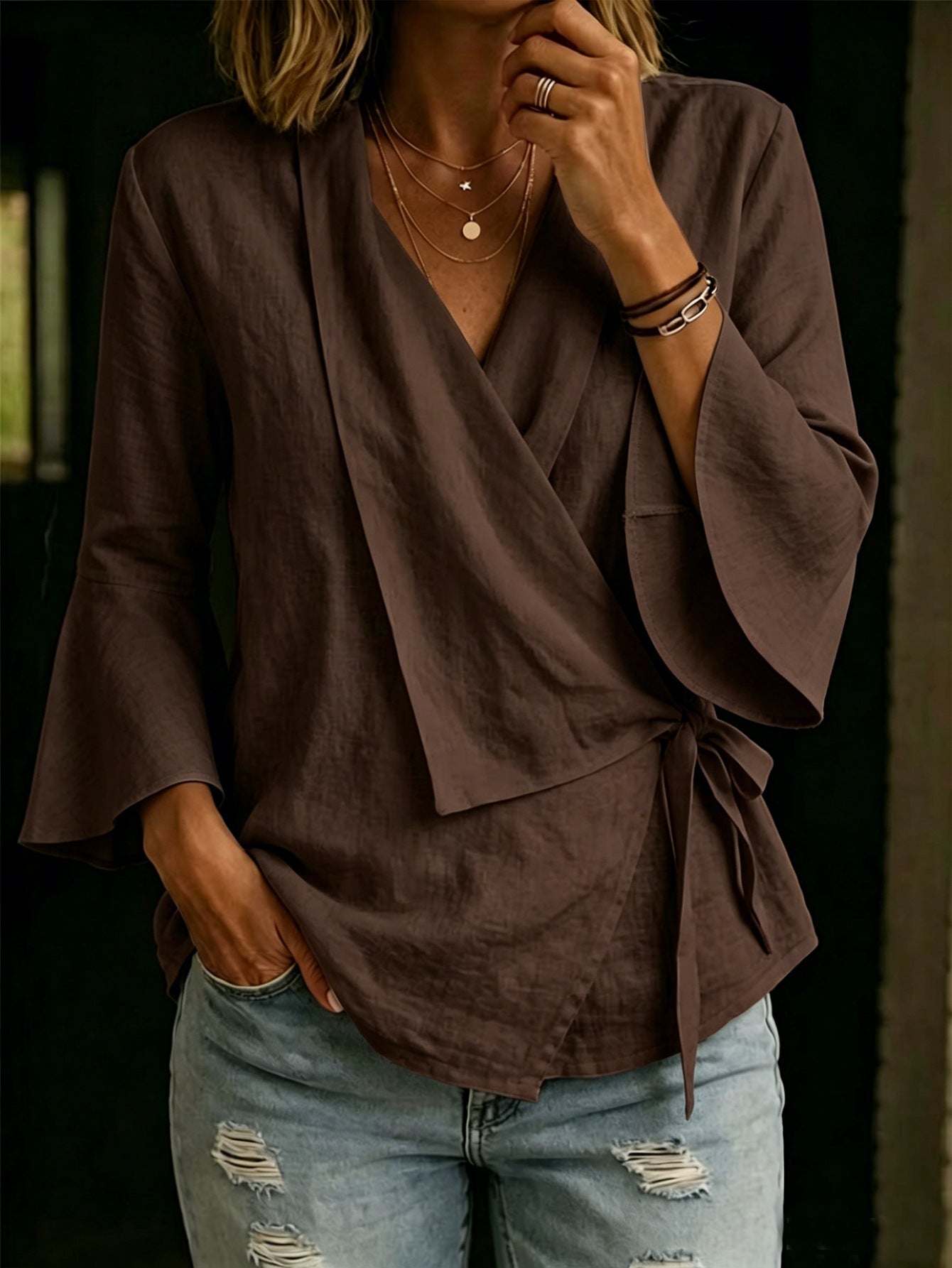 Women's Asymmetrical Tie Blouse - Flared Sleeve Notch Lapel Top