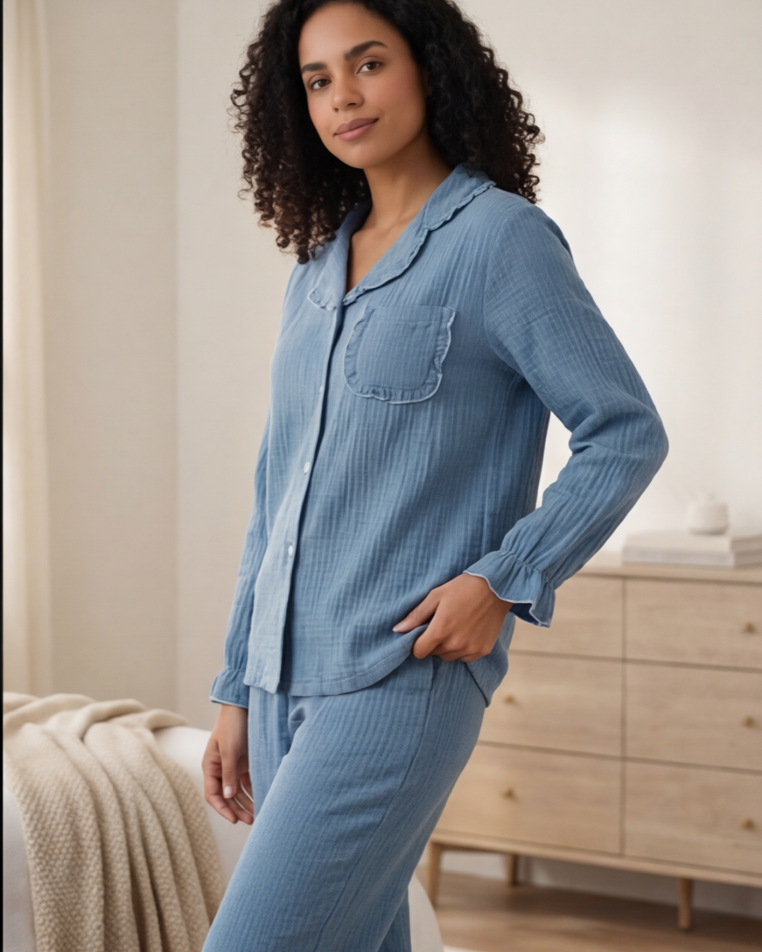 Damespyjamaset van gewassen katoen – Casual crêpe comfortabele huispakset