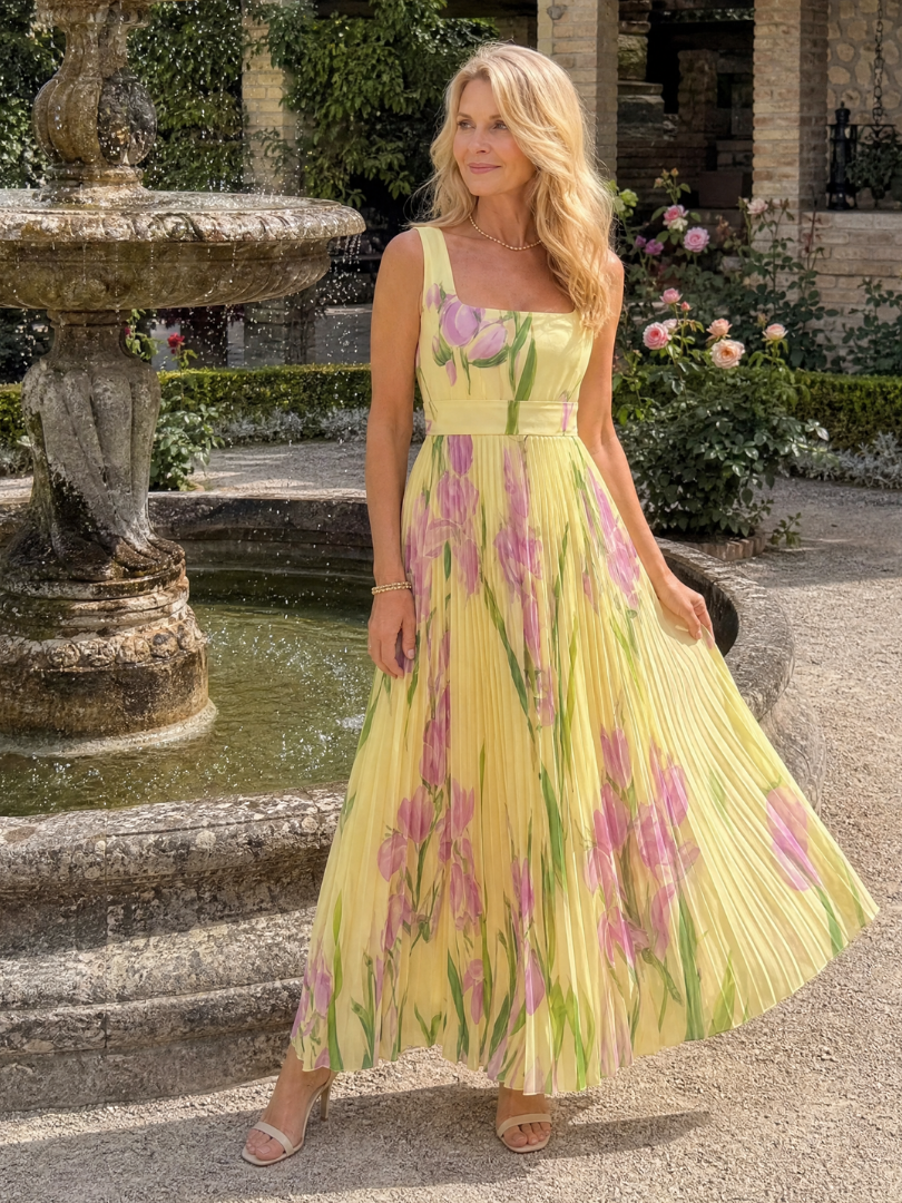 Women's Pleated Sleeveless Square Neck Midi Dress – Elegant Summer Daywear