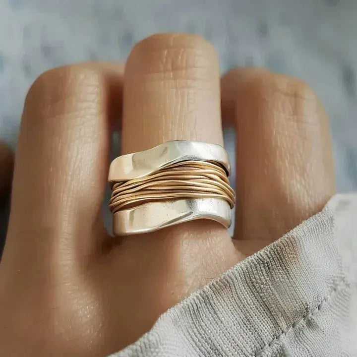 Women's Two Tone Textured Ring - Elegant Everyday Stackable Jewelry
