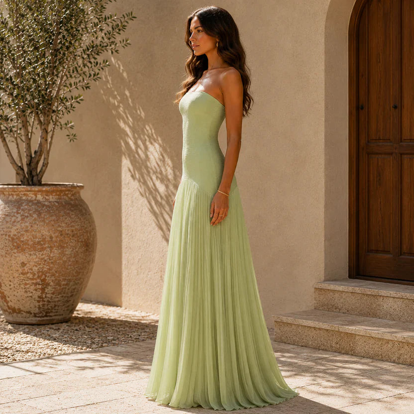 Women's Strapless Maxi Dress - Draped Elegant Occasion Style
