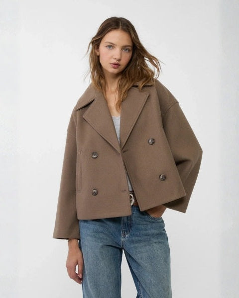 Women's Short Wool-Blend Double-Breasted Coat - Clean Modern Layer