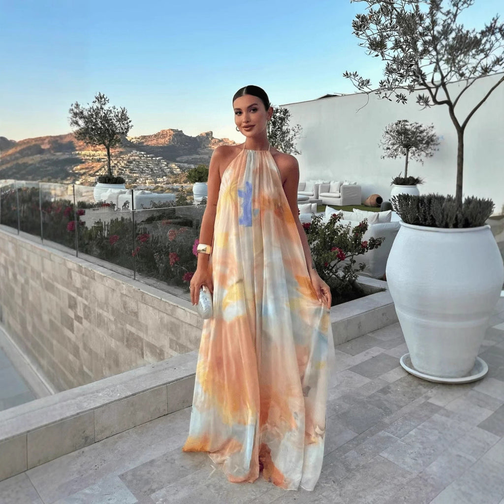 Women's Halter Backless Printed Maxi Dress – Flowy Summer Statement Dress