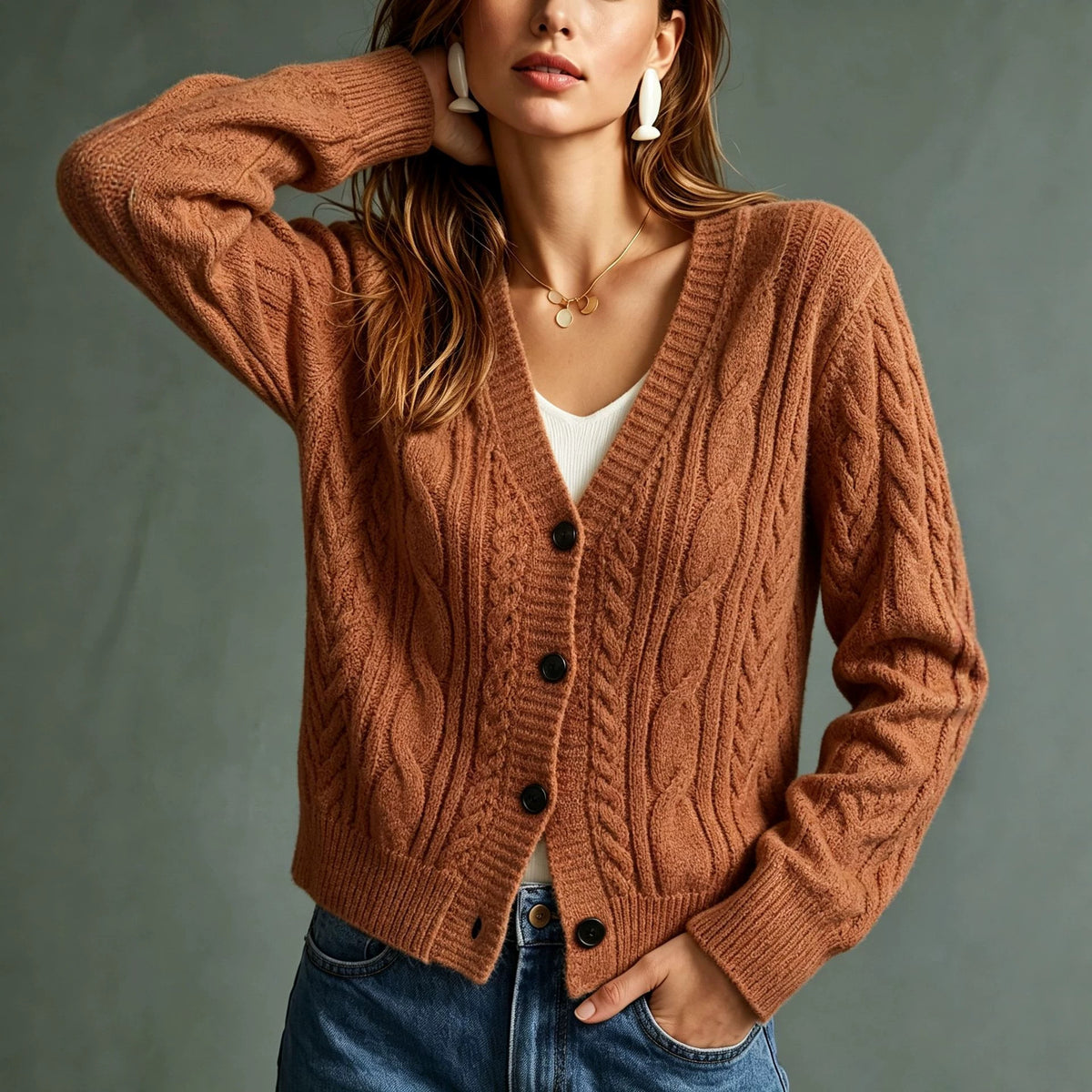 Light Brown Cable-Knit Cardigan - Vintage and Soft