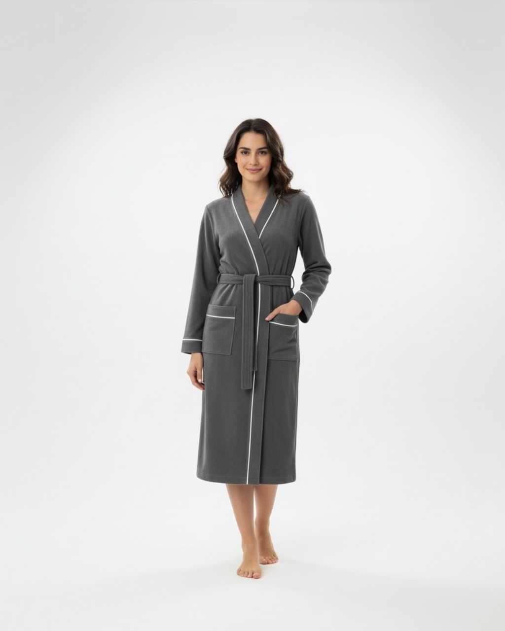 Women’s Bathrobe with Piping – Long Cotton Robe with Belt and Pockets