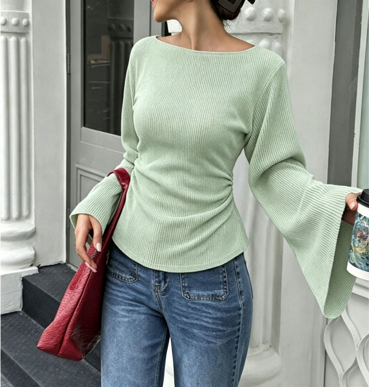 Ribbed Flared-Sleeve Top - Fitted and Elegant
