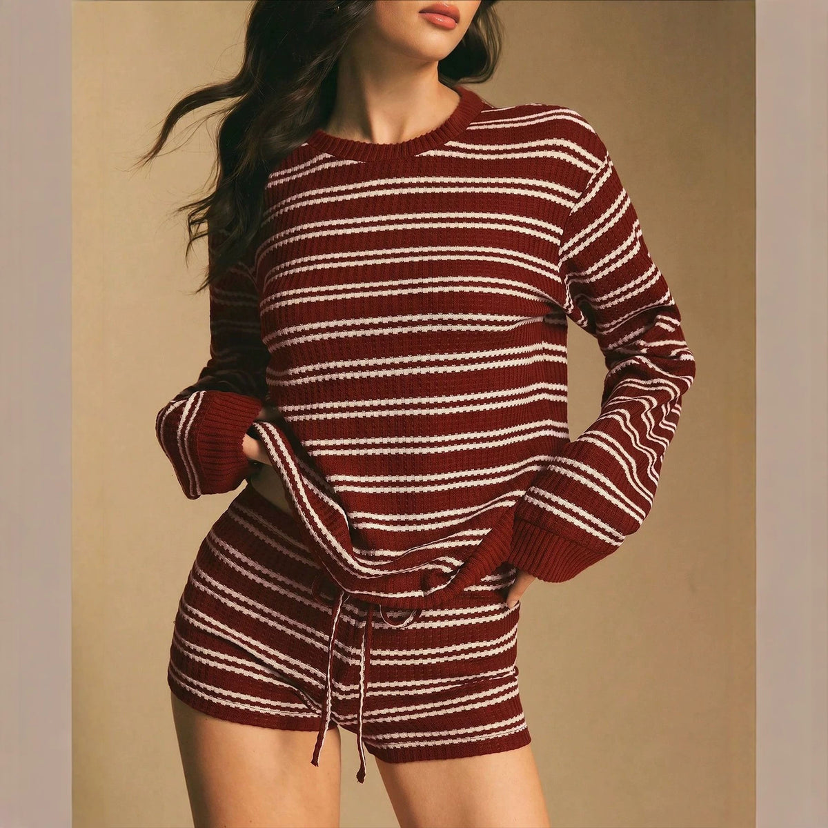 Striped Long-Sleeve Top and Shorts Set - Casual and Easy