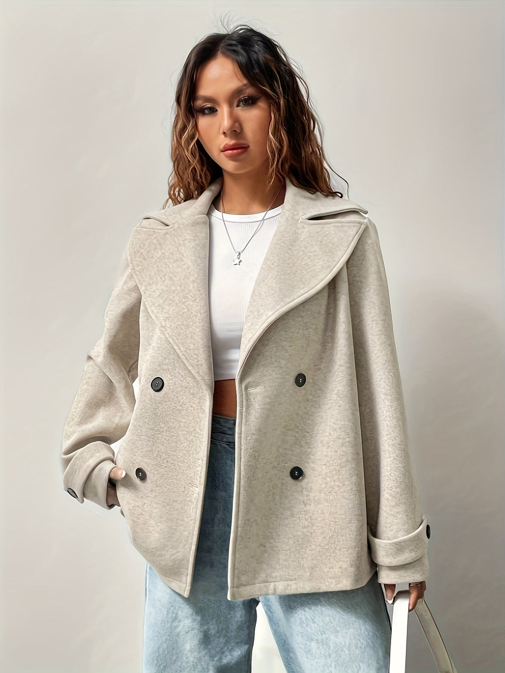 Women's Beige Pea Coat - Elegant and Oversized