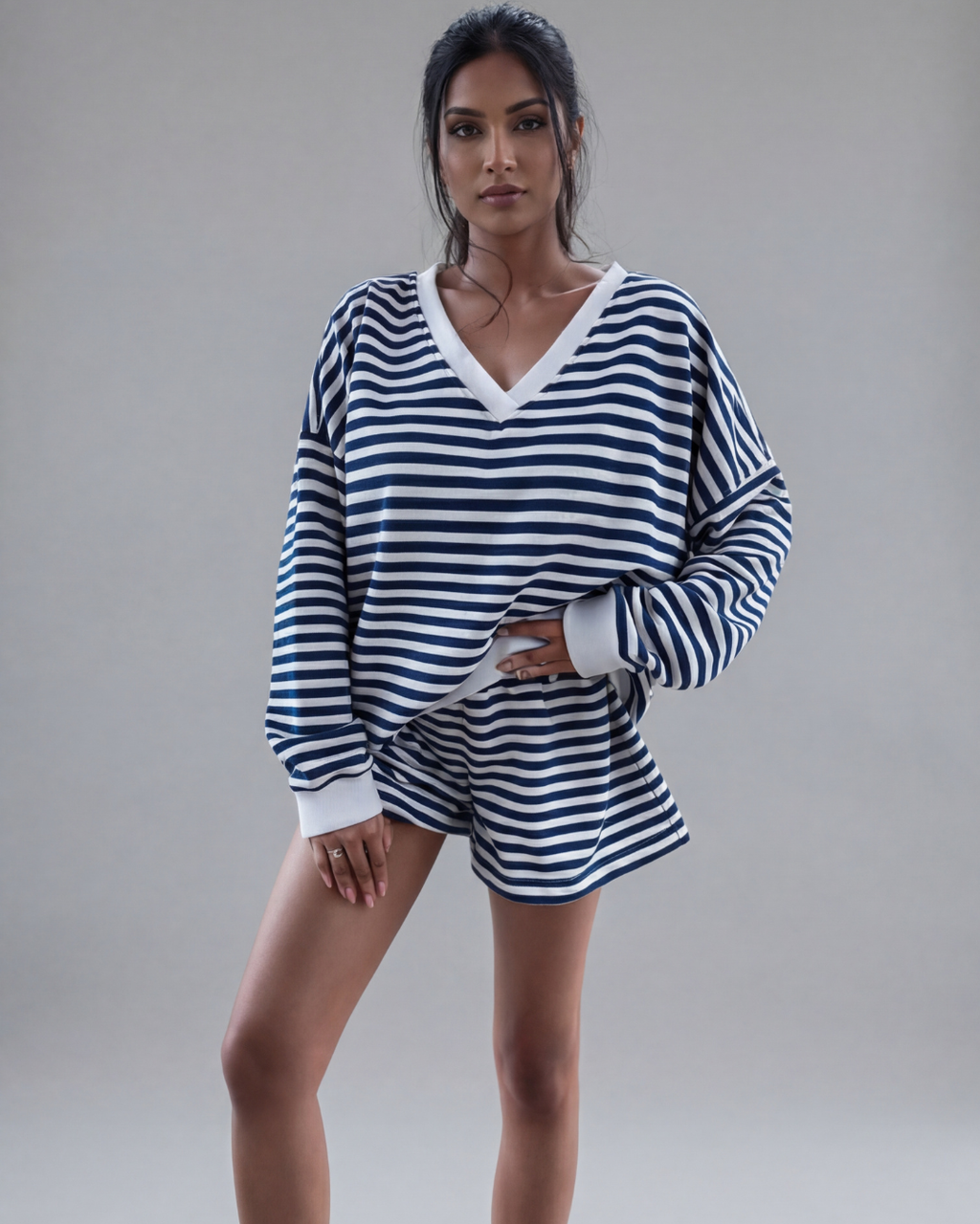 Women’s Elegant Striped Pajamas Set – Black and White Loungewear