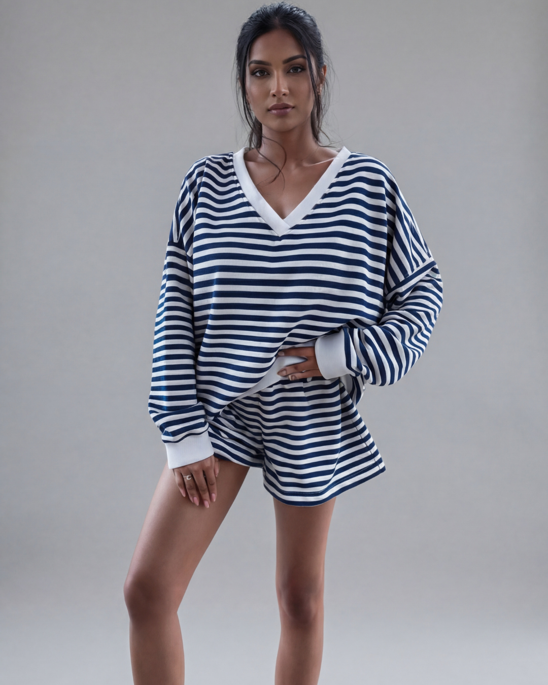 Women’s Elegant Striped Pajamas Set – Black and White Loungewear