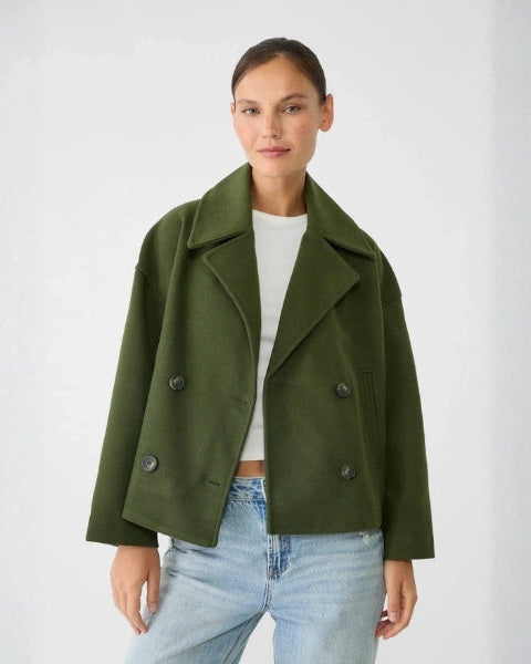 Women's Short Wool-Blend Double-Breasted Coat - Clean Modern Layer