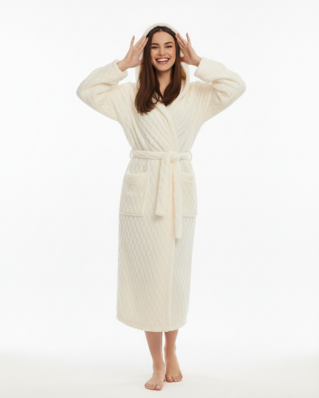 Women’s Hooded Bathrobe – Soft Plush Long Robe with Belt & Pockets, Warm Fleece Loungewear