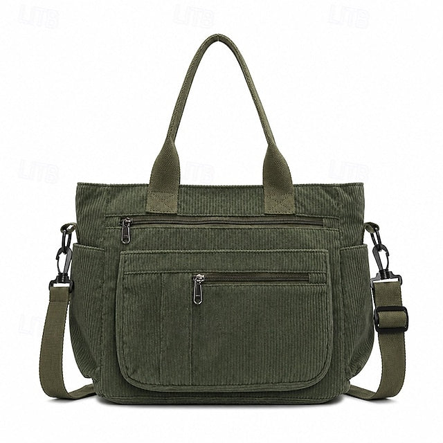 Corduroy Multi-Pocket Crossbody Bag - Roomy and Adjustable