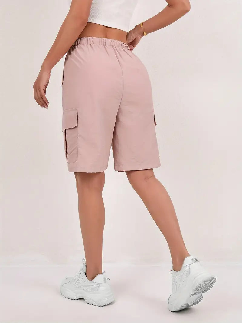 Women's Pink High-Waisted Drawstring Cargo Bermuda Shorts
