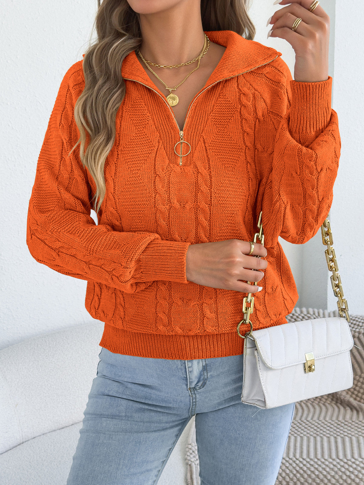 Cable-Knit Zip Collar Sweater - Cozy and Practical