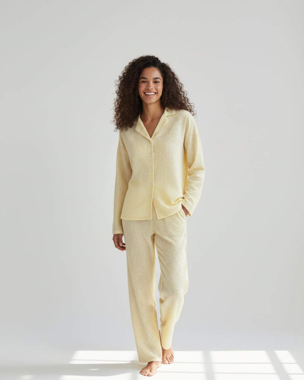 Geel gestreepte lange pyjamaset – overhemd met knoopjes en comfortabele broek