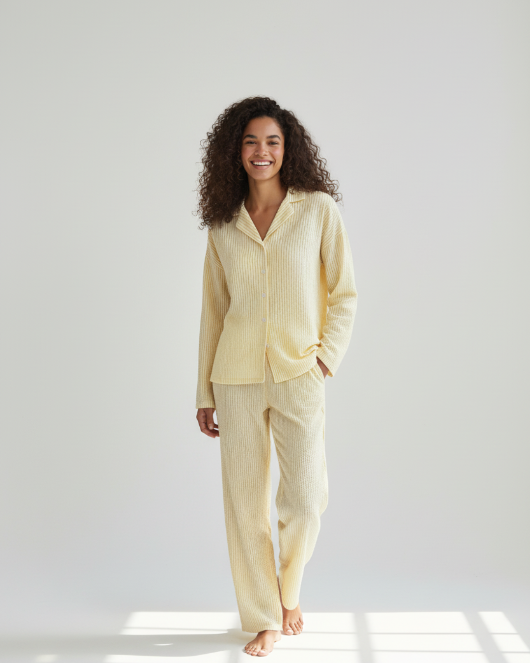 Geel gestreepte lange pyjamaset – overhemd met knoopjes en comfortabele broek