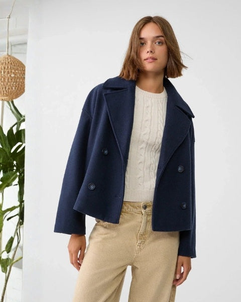 Women's Short Wool-Blend Double-Breasted Coat - Clean Modern Layer