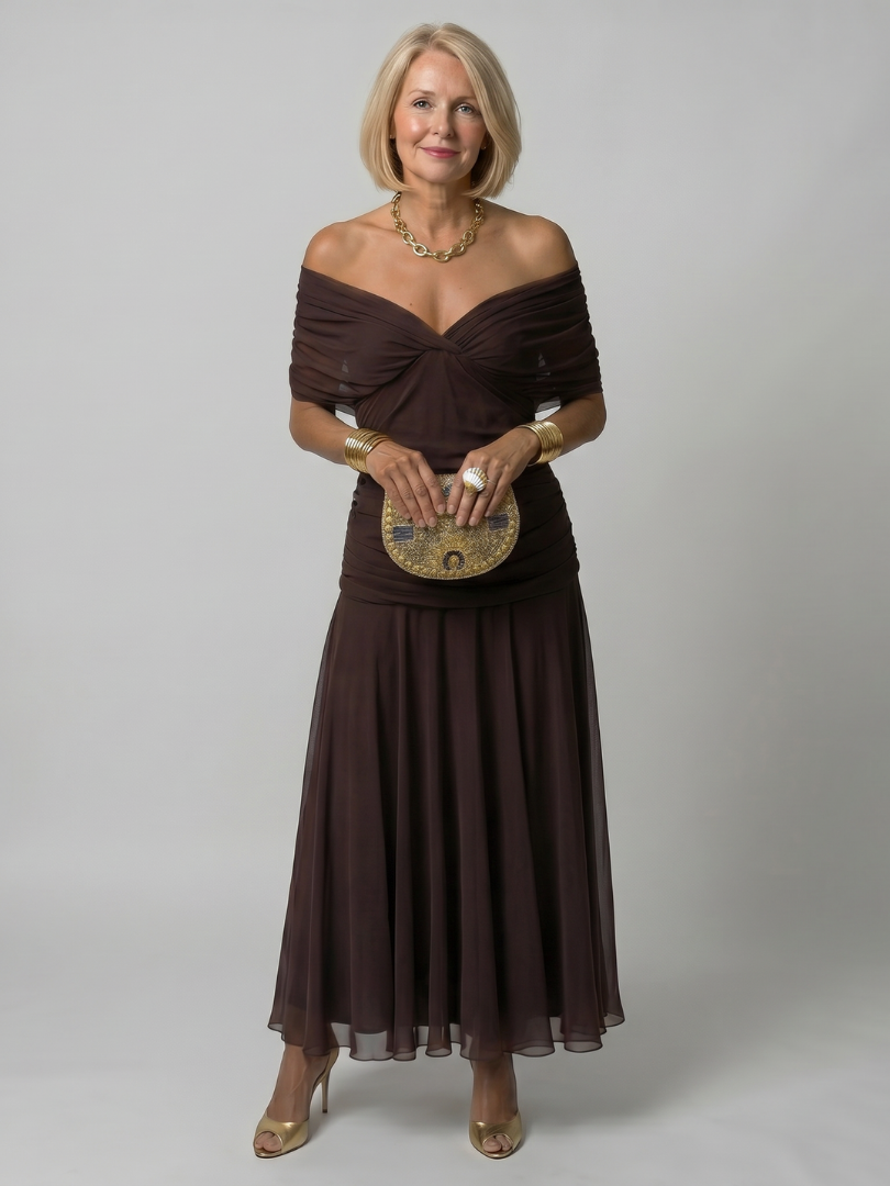 Women's Off Shoulder Flow Midi Dress - Soft Occasion Look
