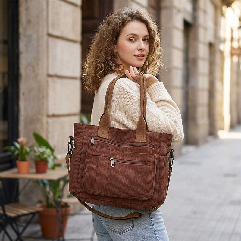 Corduroy Multi-Pocket Crossbody Bag - Roomy and Adjustable