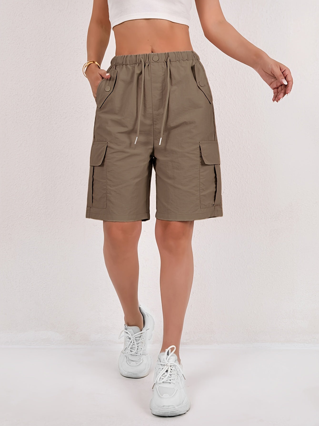 Women's Pink High-Waisted Drawstring Cargo Bermuda Shorts