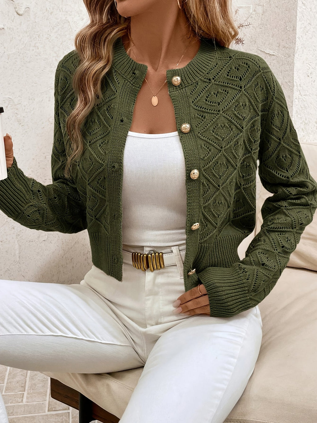 Buttoned Openwork Cardigan - Elegant and Light
