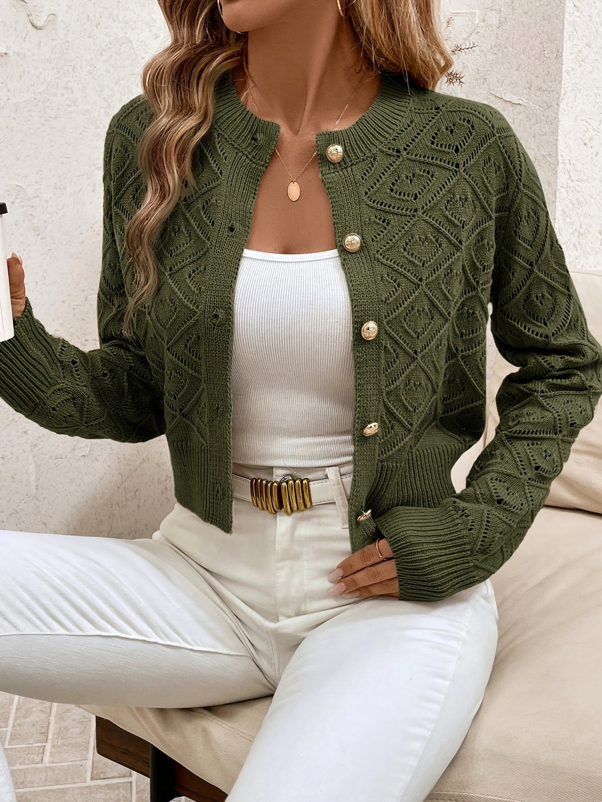Buttoned Openwork Cardigan - Elegant and Light