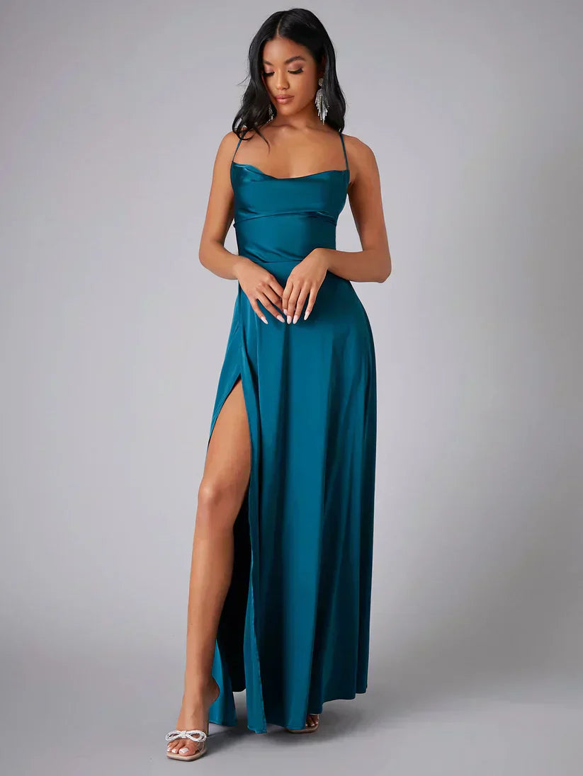 Women's Satin Maxi Evening Dress – High Slit Open Back Formal Dress