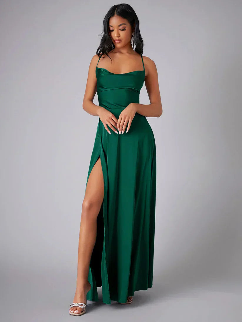 Women's Satin Maxi Evening Dress – High Slit Open Back Formal Dress