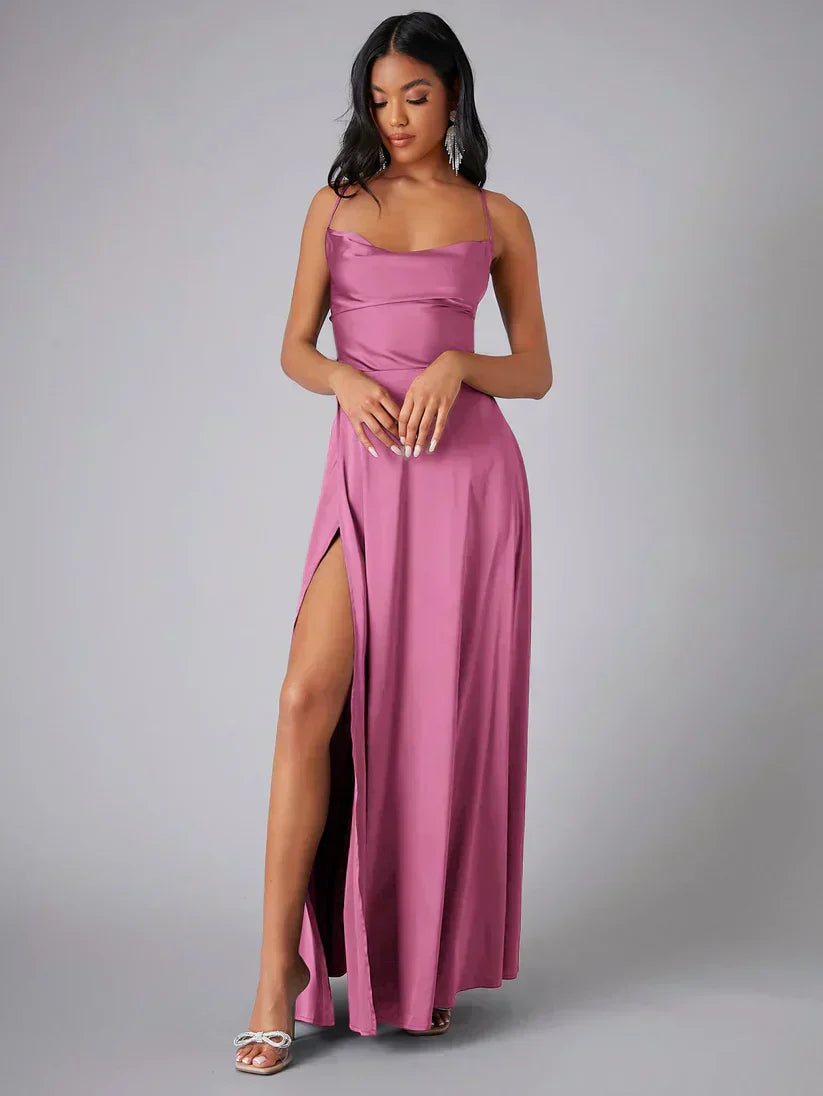 Women's Satin Maxi Evening Dress – High Slit Open Back Formal Dress