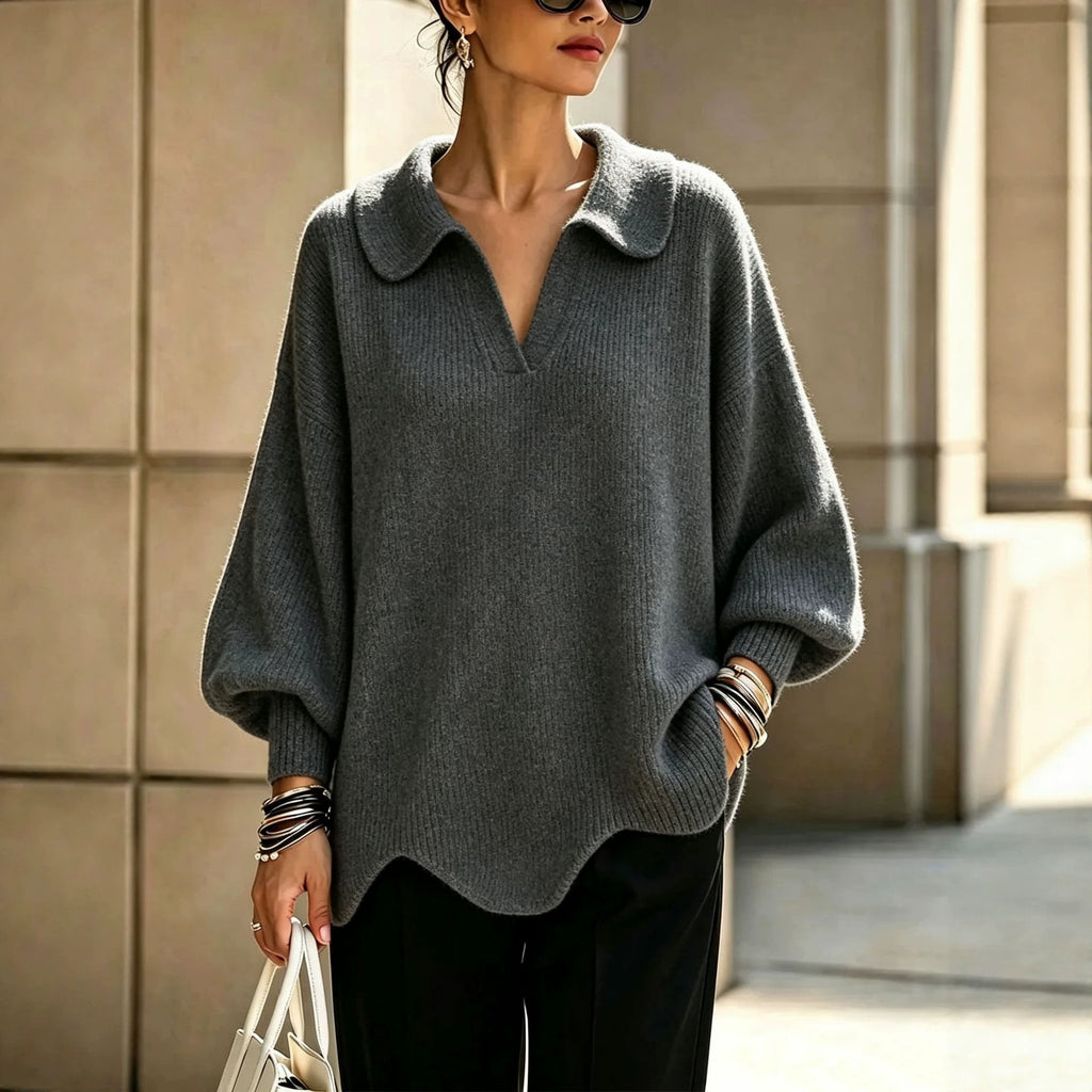 Women’s V-Neck Lantern Sleeve Sweater – Relaxed Feminine Knit