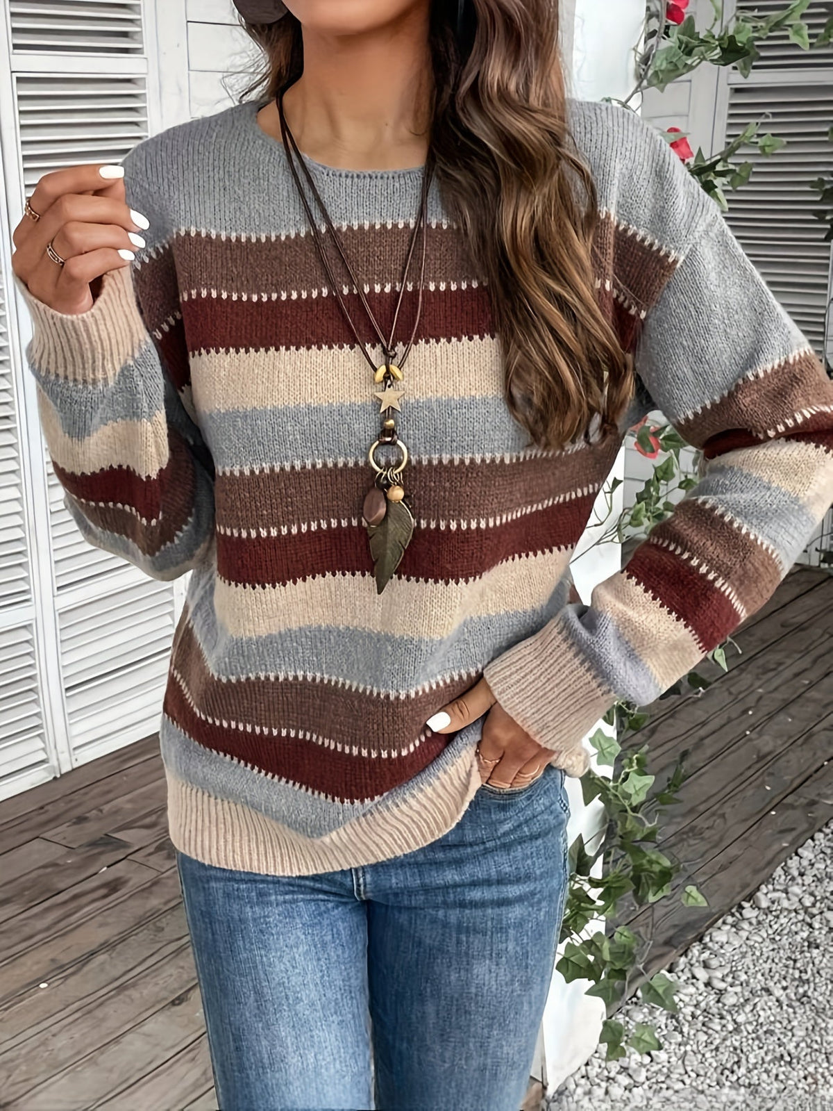 Women’s Striped Round Neck Sweater – Soft Casual Knit