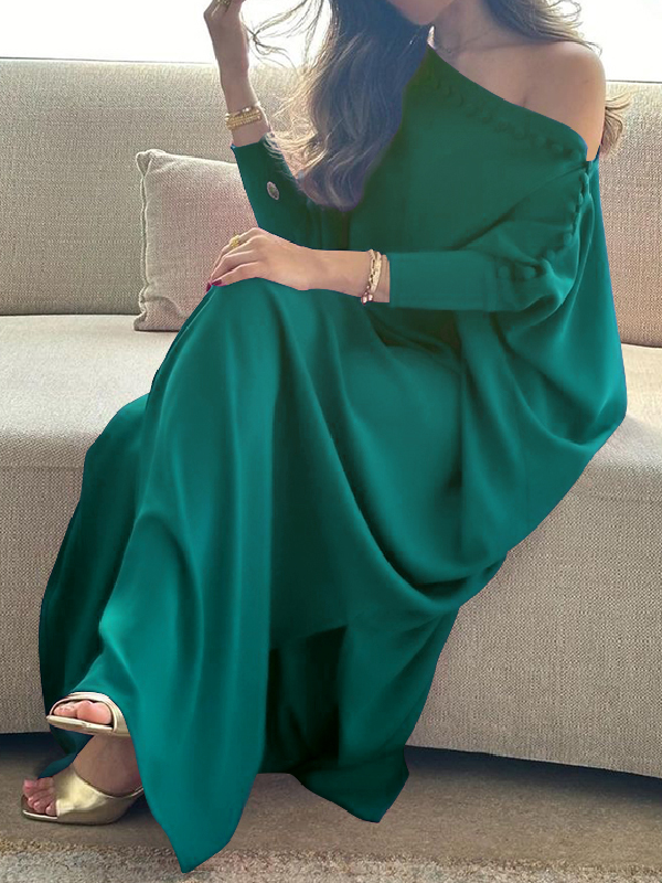 Women's Buttoned H-Line Maxi Dress – Loose Solid Color Vacation Dress