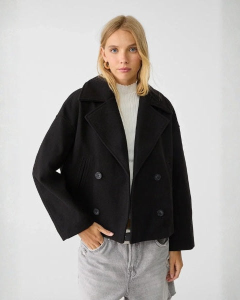 Women's Short Wool-Blend Double-Breasted Coat - Clean Modern Layer