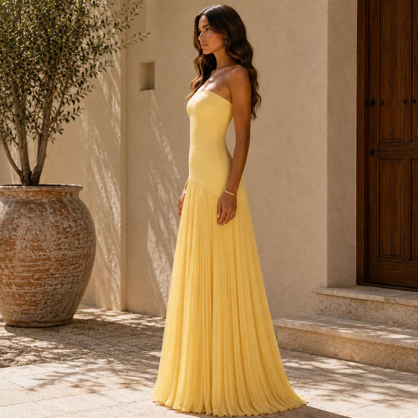 Women's Strapless Maxi Dress - Draped Elegant Occasion Style