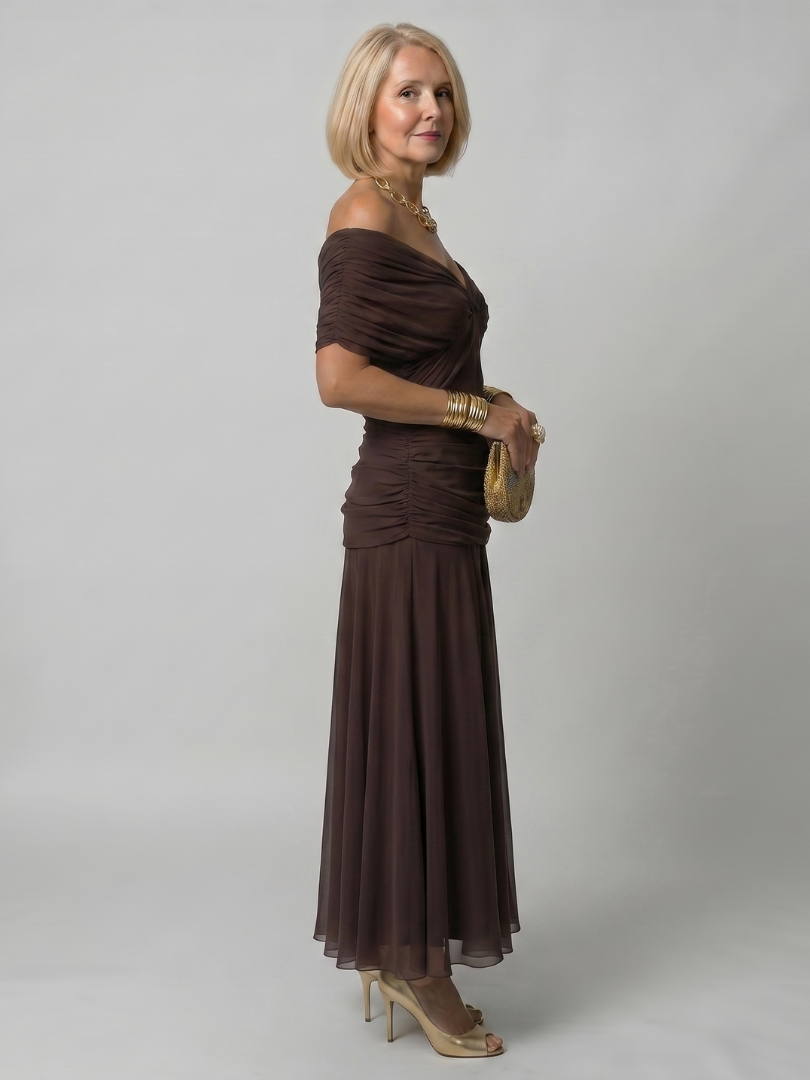 Women's Off Shoulder Flow Midi Dress - Soft Occasion Look