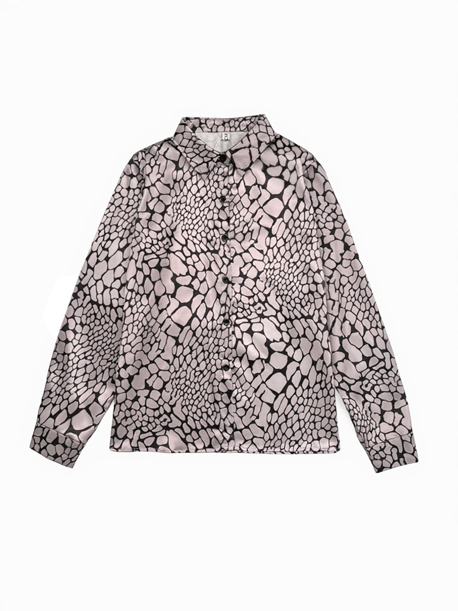 Women's Snakeskin Print Lapel Blouse – Contrast Button-Up Long Sleeve Shirt