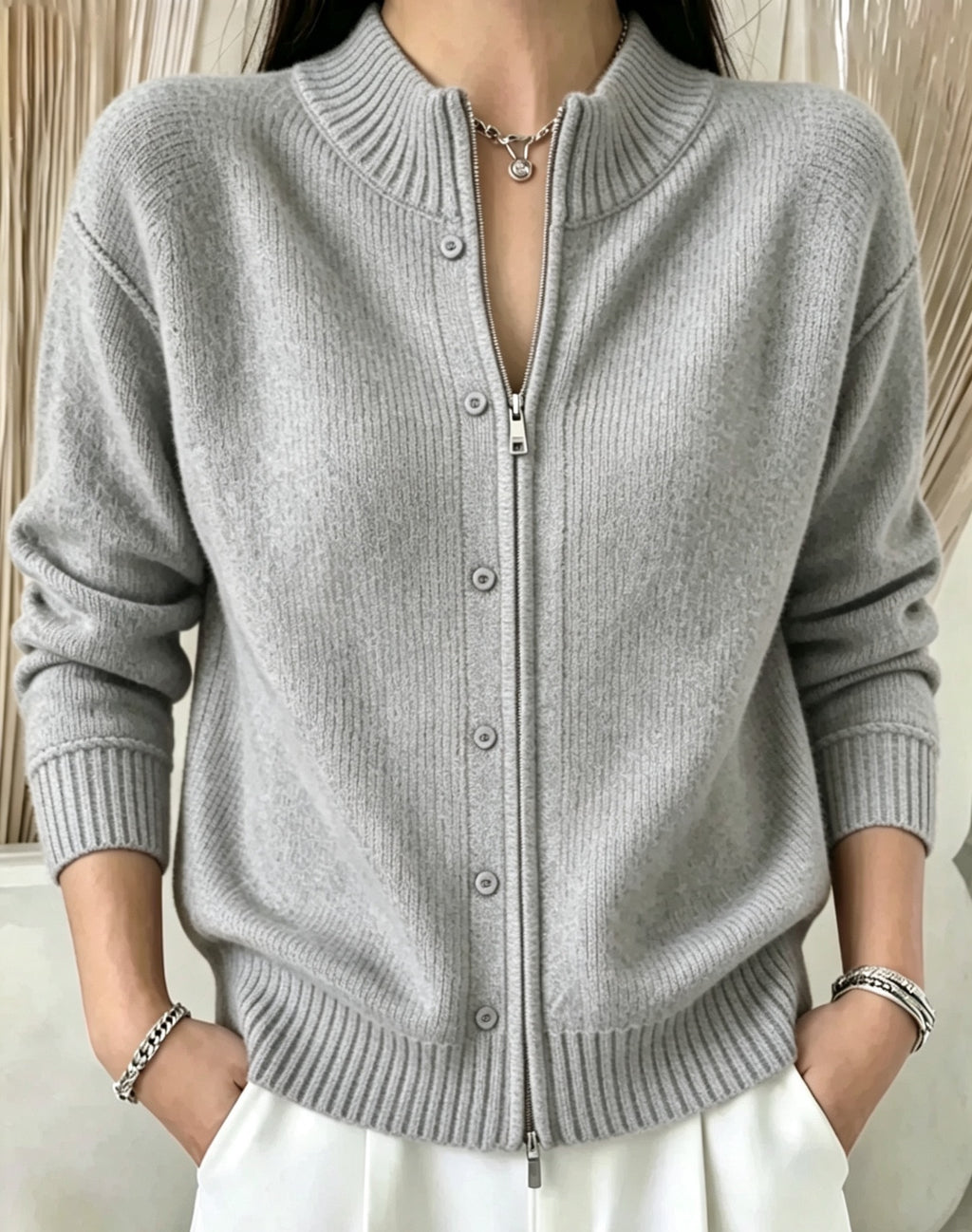 Zip-Up Crewneck Knit Sweater - Soft and Modern