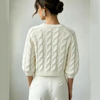 Milky-White Chunky-Knit Short-Sleeve Sweater - Soft and Cozy