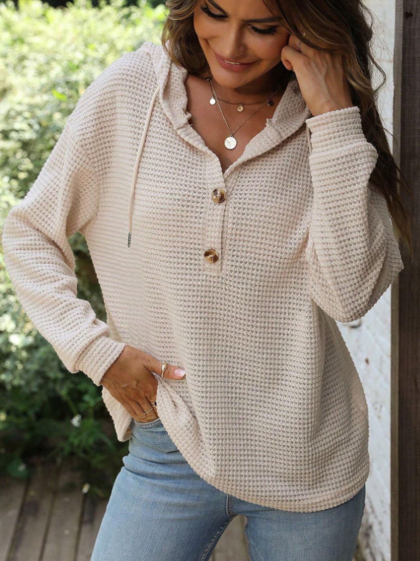 Women’s Solid Color Hooded Sweatshirt – Loose-Fit Button-Up Fall Winter Style