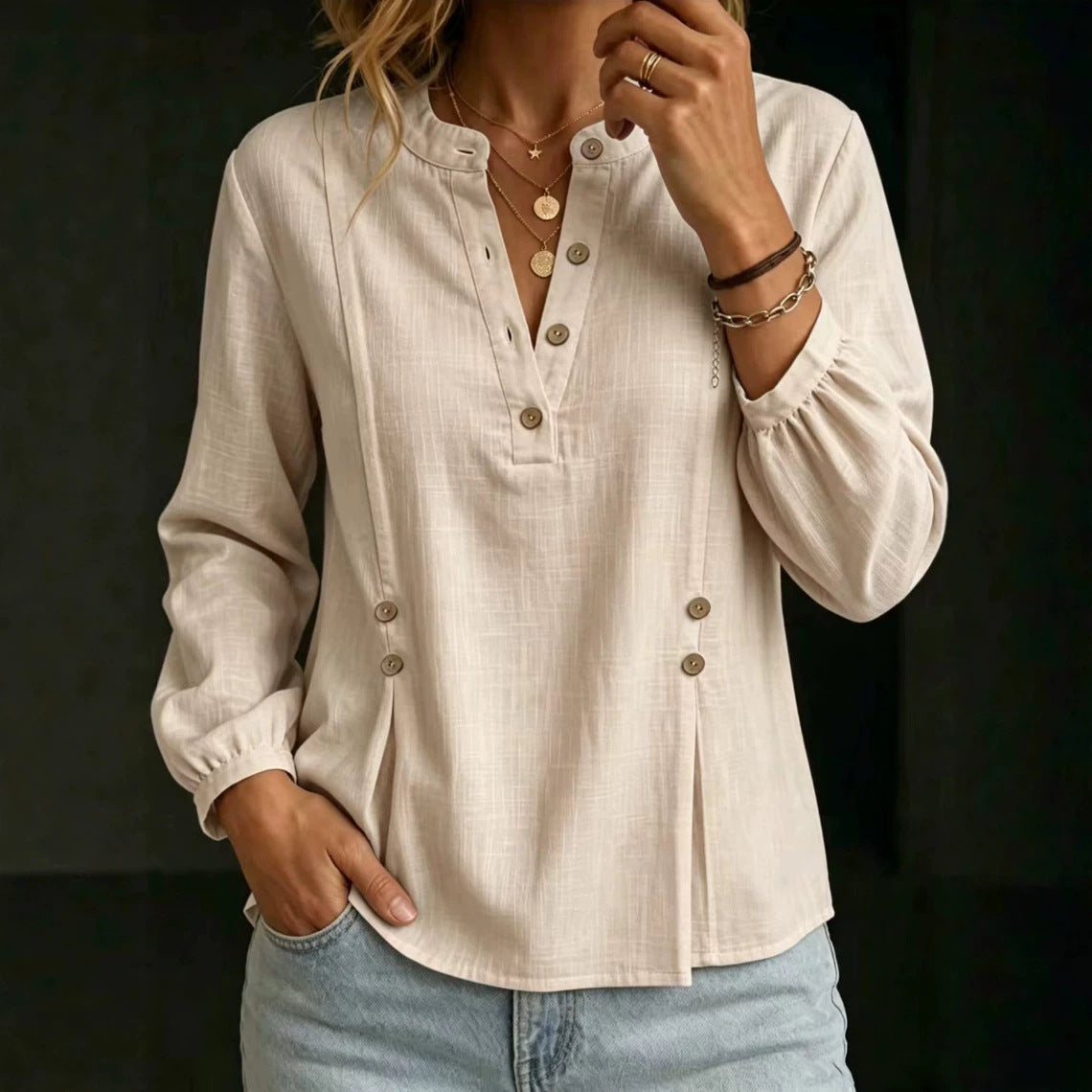 Women’s Cotton-Linen Mandarin Collar Shirt – Long Sleeve Casual Summer Style