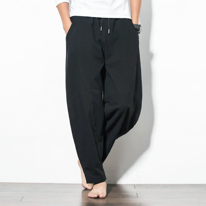Buddha Stones Men’s Cotton Drawstring Pants – Casual Solid Color Relaxed Pocket Style